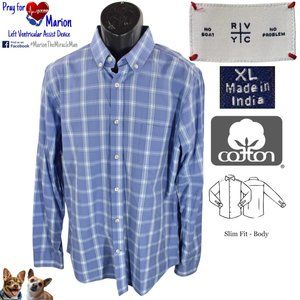 RVYC XL Blue Plaid Long Sleeve Woven Cotton Button Collar Slim Fit Causal Shirt